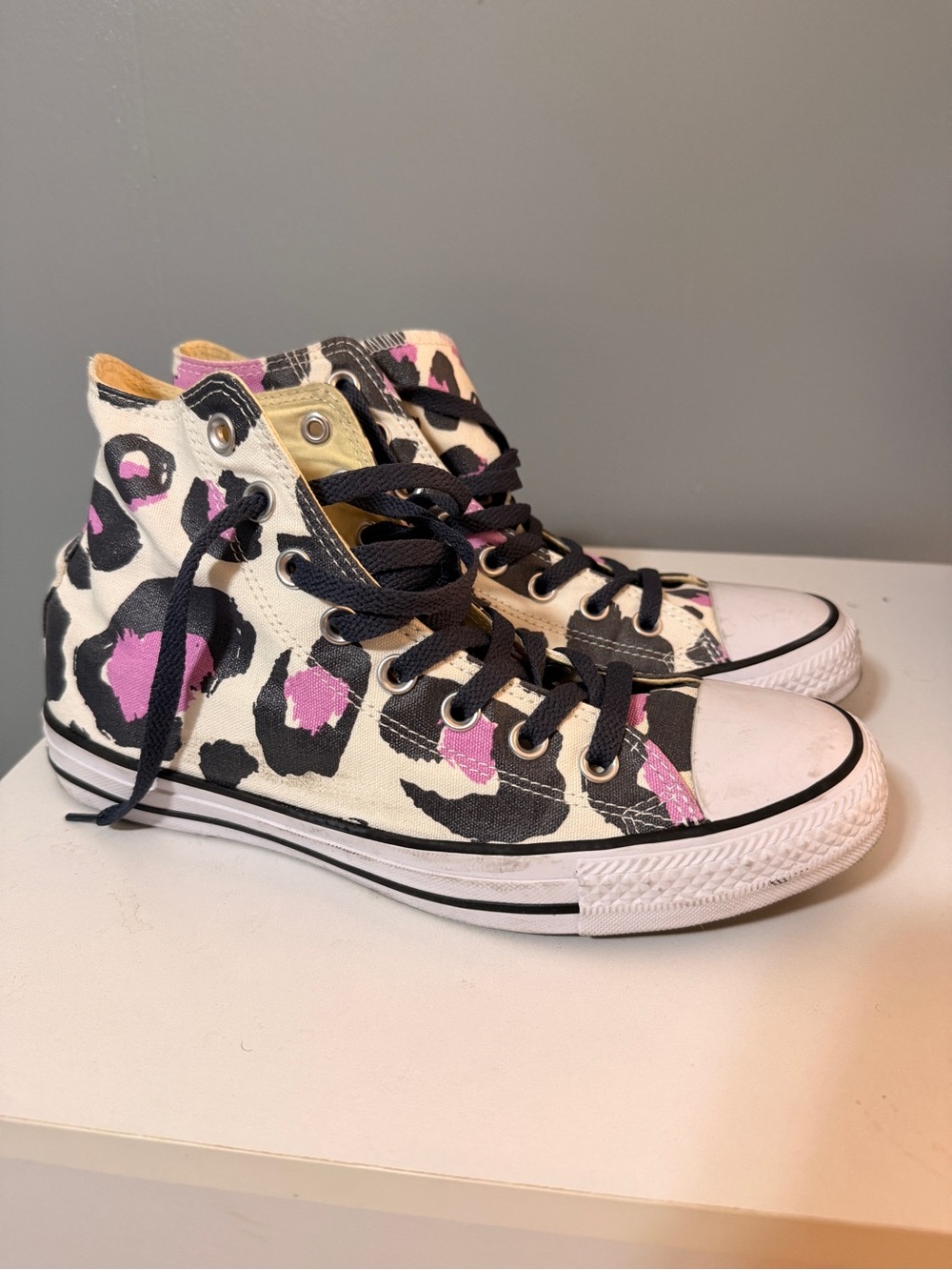 High-Top Canvas Sneakers in White with Pink & Black Leopard Print